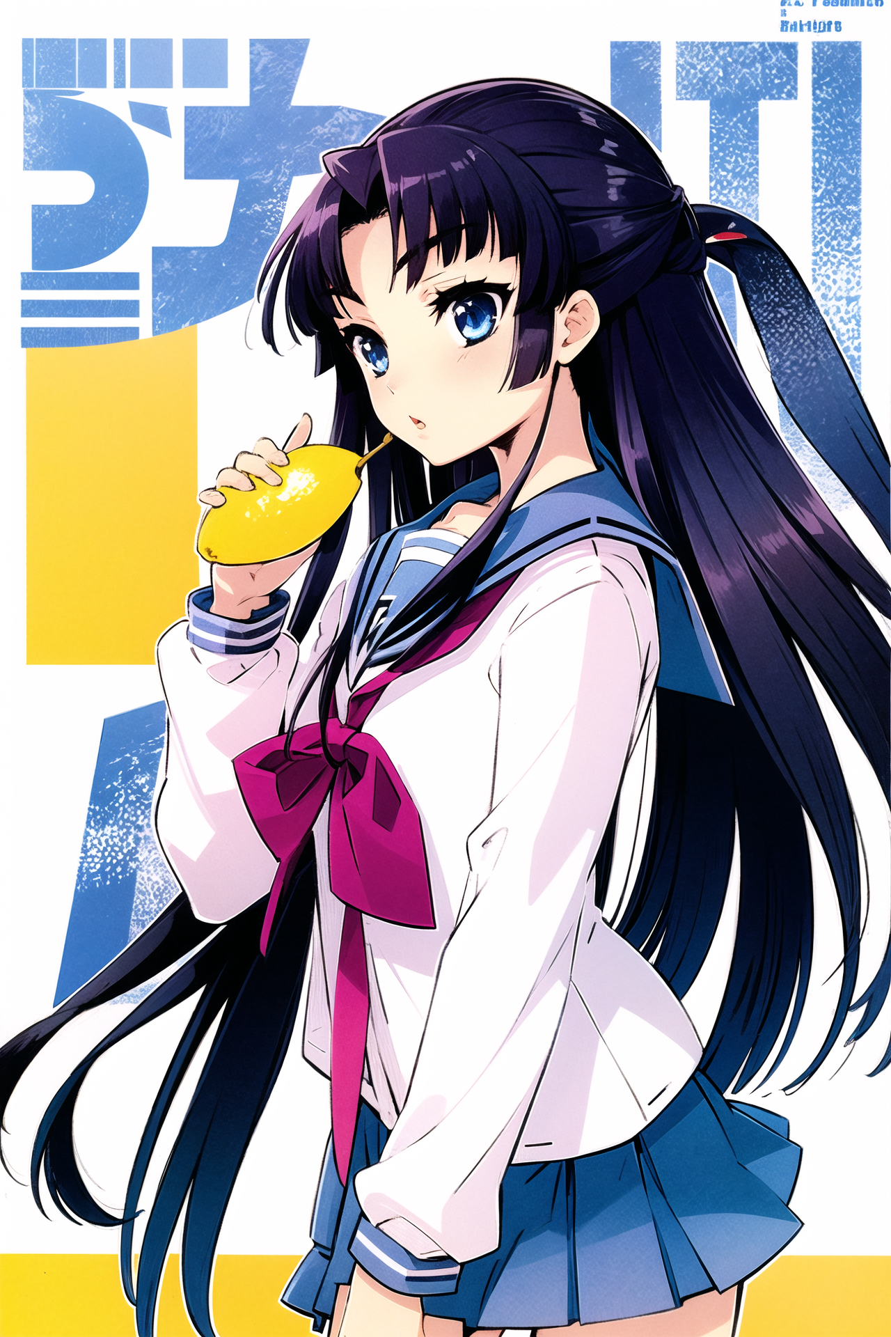 05541-1408206149-1girl, solo, kita high school uniform, school uniform, asakura ryouko, lemon, blue sailor collar, sailor collar, food, serafuku,.png
